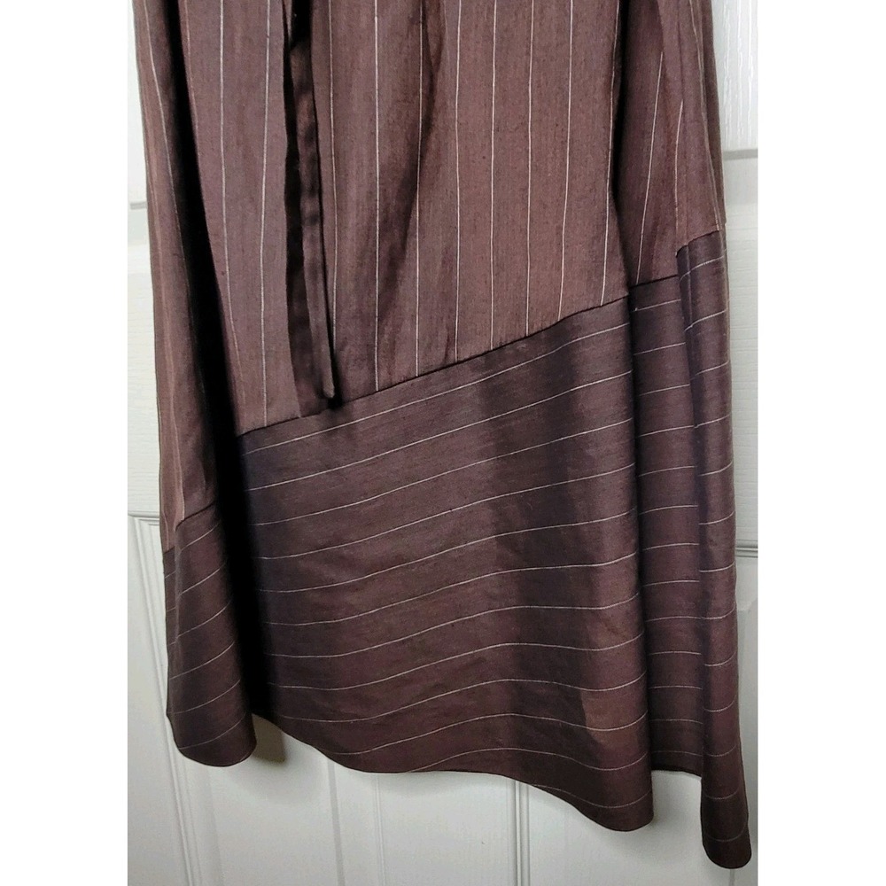 Charivarie L Brown Striped Wrap Dress Sleeveless Belted Midi V-Neck Woven - Picture 7 of 9